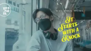 Person wearing glasses and a mask on a bus, reflecting on a journey titled "It Starts With a Knock."