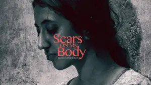 A solemn woman in profile with the text "Scars On My Body" prominently displayed, conveying deep emotions and resilience.