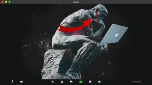 A digital artwork depicting a statue resembling a thinker contemplating a laptop, set against a cosmic background.