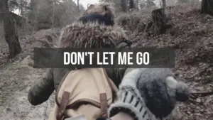 A person in a fur-lined jacket walks through a forest path, with a text overlay reading "Don't Let Me Go."