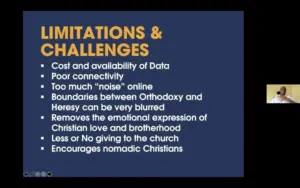 Slide showcasing limitations and challenges in data availability, connectivity, and Christian community dynamics.