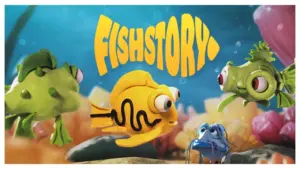 Colorful animated characters from Fish Story exploring a vibrant underwater scene with coral and sea life.