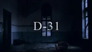 Dark, abandoned room featuring a lone chair and the text "D-31" illuminated on the wall, evoking mystery and suspense.