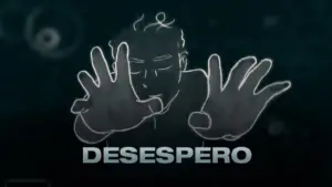 Illustration of a person with outstretched hands and the word "Desespero" conveying a sense of urgency and emotion.