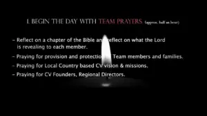 Candlelit prayer session highlighting team reflections, community support, and mission focus for local and global outreach.