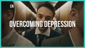 Man in a crowded elevator, looking contemplative with the text “Overcoming Depression” prominently displayed.