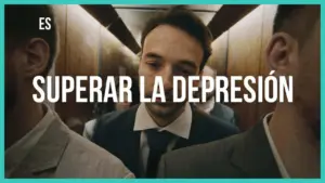 A man in a suit stands in a crowded elevator, conveying themes of overcoming depression and emotional struggle.