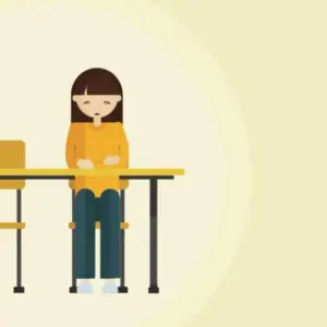 Illustration of a girl sitting at a desk with a neutral expression, wearing an orange sweater against a light yellow background.