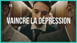 Man in a suit in an elevator, surrounded by others, conveying the theme of overcoming depression.