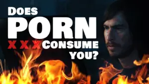 Man contemplating behind fiery flames with bold text questioning the impact of pornography on individuals.