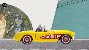 Bright yellow vintage car with two passengers drives on a road, surrounded by artistic visuals and a large backdrop.