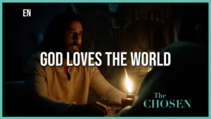 Jesus sharing the message of love in a dimly lit scene from The Chosen, emphasizing hope and connection.