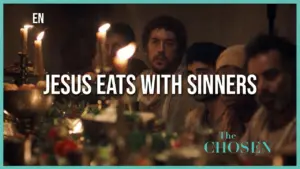 Dramatic scene depicting Jesus sharing a meal with sinners, highlighting themes of community and acceptance in "The Chosen."