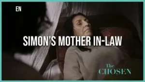 Simon’s mother-in-law lying in bed, appearing unwell, with soft lighting and dramatic atmosphere from the series The Chosen.