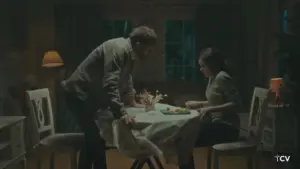 A tense dinner scene with a man and woman at a dimly lit table, surrounded by a cozy yet unsettling atmosphere.