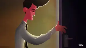 Stylized character opening a door with dramatic lighting, showcasing a blend of curiosity and intrigue in an animated style.