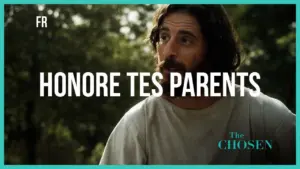 A man with long hair in a natural setting, emphasizing the phrase "HONORE TES PARENTS" from The Chosen series.