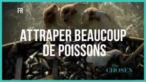 Three fishermen in a boat catch a large haul of fish, with the title "Attraper Beaucoup de Poissons" displayed above.