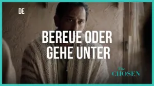 Man in a contemplative pose, draped in a blanket, with text overlay from "The Chosen" promoting a compelling message.