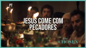 Jesus dining with sinners at a candlelit table, featuring expressions of camaraderie from the series "The Chosen."