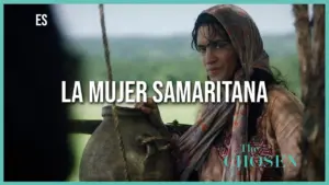 A woman with a jug, wearing a headscarf, in a lush green background, representing the Samaritan Woman from "The Chosen."