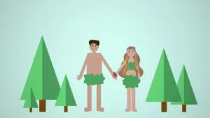 A cartoon couple in primitive attire holding hands, surrounded by stylized green trees and a light blue background.