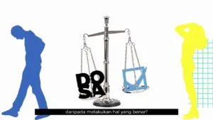 Balancing scales with 'Dosa' and 'Benar', symbolizing moral choices and ethical dilemmas.