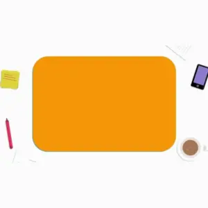 Bright orange desk mat surrounded by stationery, smartphone, and coffee cup, creating a vibrant workspace aesthetic.