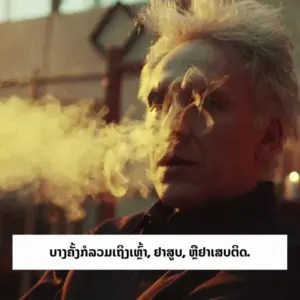 Man with spiky white hair exhaling smoke, captured in a dramatic lighting scene. Subtle tension in the atmosphere.