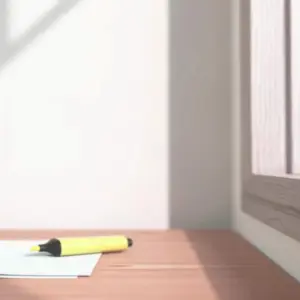 A sunlit desk with a yellow highlighter and blank paper, creating a warm and inviting workspace atmosphere.