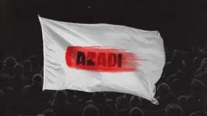 White flag with bold red text reading "AADI THEN against a dark crowd background, symbolizing unity and activism.