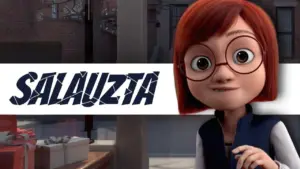 Animated character with glasses and red hair smiling beside the text "SALAUZTA" in a vibrant setting.