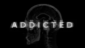 Stylized brain silhouette with the word "ADDICTED" overlayed, emphasizing themes of addiction and mental health.