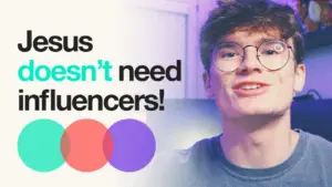 Young man with glasses smiling, promoting the message "Jesus doesn’t need influencers" with colorful design elements.