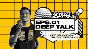 Young man with a phone, smiling, against a vibrant yellow graphic background featuring text: "EPS.01 DEEP TALK".