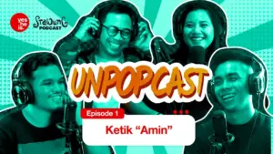 Group of four diverse podcast hosts smiling and engaging in lively discussion on the Unpopcast, Episode 1.