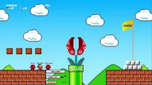 Colorful retro video game scene with characters, clouds, a piranha plant, and a flag atop a block in a vibrant landscape.