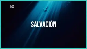 A person submerged in dark water with beams of light above, featuring the word "Salvación" prominently in white.