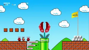 Colorful retro video game scene featuring Mario characters, a giant piranha plant, and vibrant clouds against a blue sky.