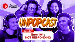 Colorful podcast episode featuring four hosts with microphones, discussing "Error 404: Not Responding" on a vibrant background.