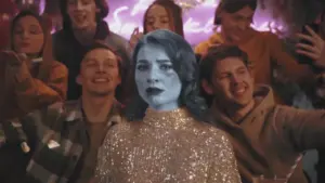 A blue-toned woman in a glittery outfit stands out among a group of joyful people in a vibrant, festive setting.