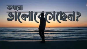 Silhouette of a person standing on the beach at sunset, with text in Bengali asking "Are you well?" overlaid.