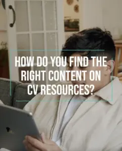 Person using a tablet to explore content on CV resources, surrounded by a cozy, well-lit room.