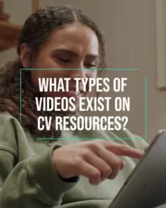 Person in a green hoodie watches a video on CV resources, exploring various types of helpful career content.