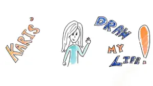 Illustration of a girl waving with text "Kari's Draw My Life!" in colorful letters, featuring a creative and playful design.