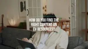 Person sitting on a couch using a tablet, pondering how to find the right content on CV resources.