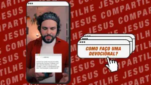 Man in a red jacket reading on his phone with text overlay about devotional guidance on a vibrant background.