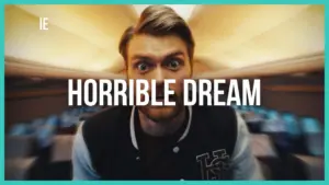 A surprised young man in a retro jacket experiences a nightmarish moment, with "Horrible Dream" text overlaying the image.