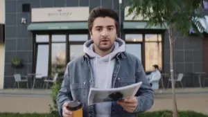 Young man in a denim jacket holding a coffee cup and a newspaper, with a cafe in the background.