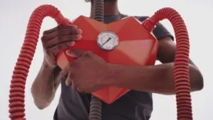 Person holding a large orange heart with pressure gauge, connected to red hoses, symbolizing love and health.